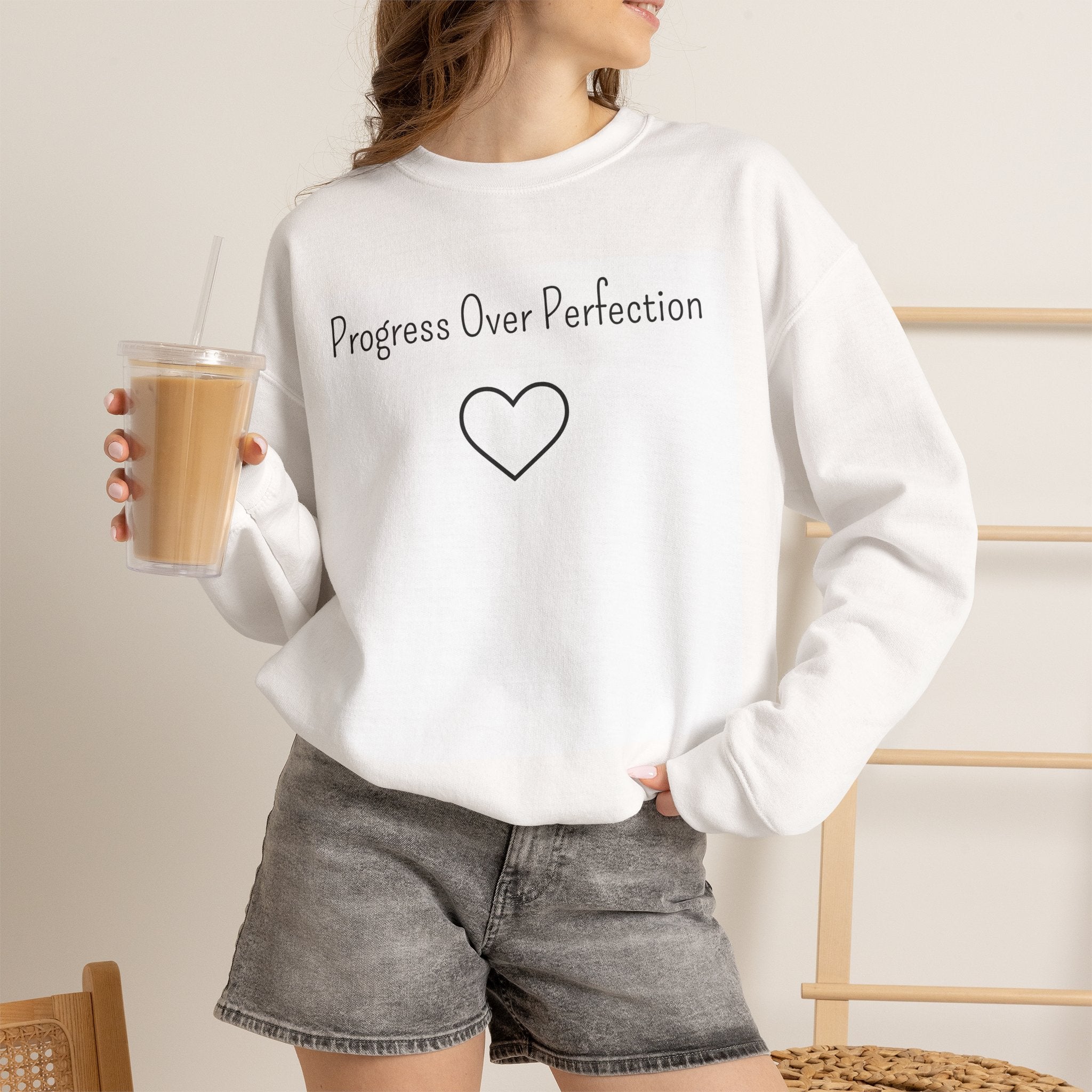 Progress Over Perfection Sweatshirt — Inspirational Crewneck with Heart Graphic