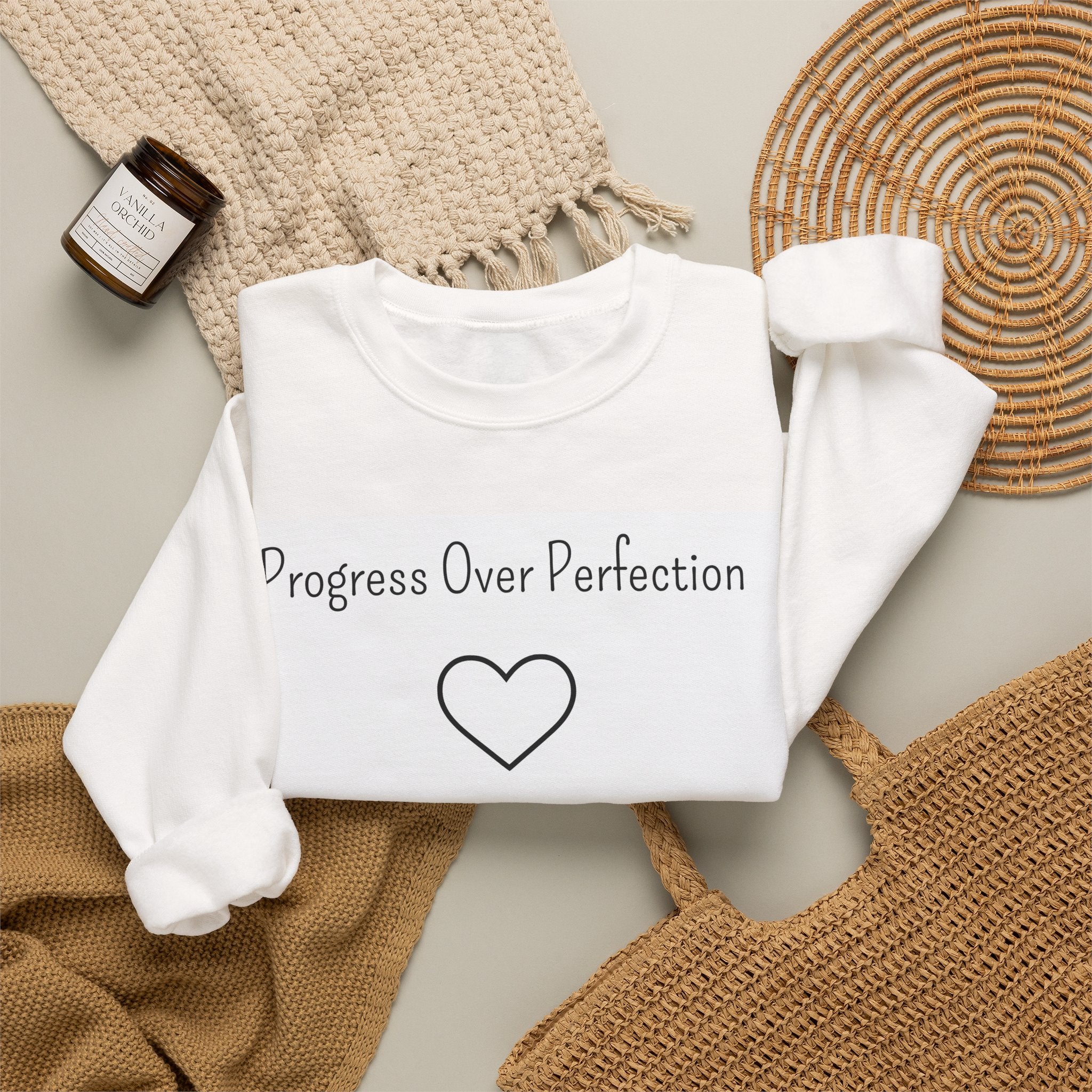 Progress Over Perfection Sweatshirt — Inspirational Crewneck with Heart Graphic